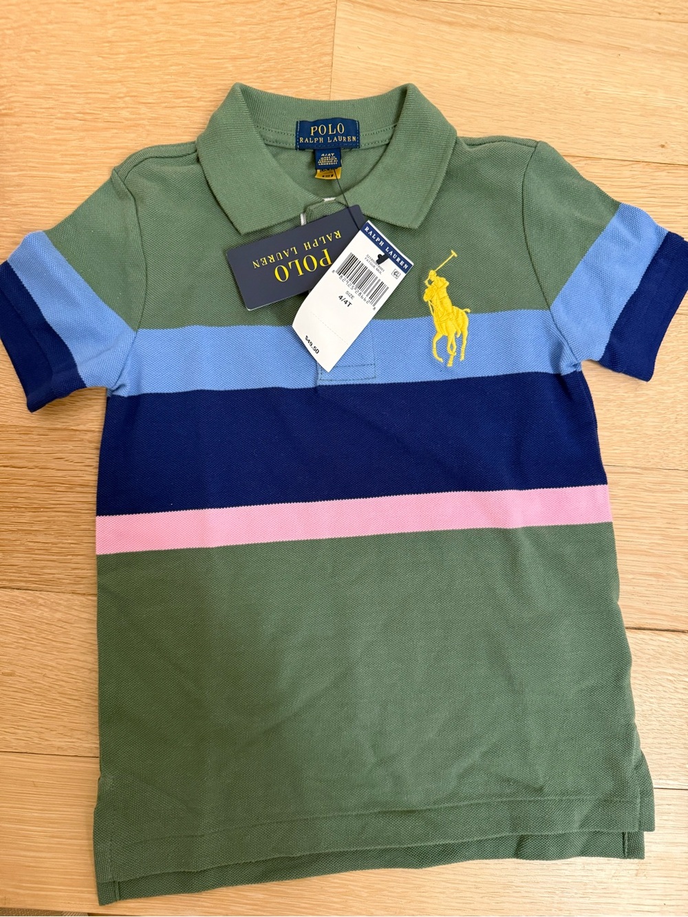 NWT Polo by Ralph Lauren Olive Green Polo with Blue, Navy & Pink Stripes